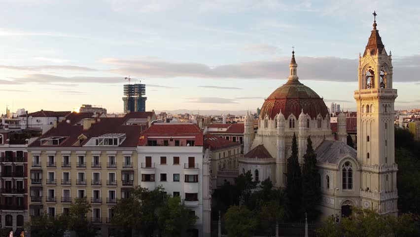 Aerial landscape view of The Church of San Manuel y San Benito (Iglesia de San Manuel y San Benito), a Catholic church located in Madrid, Spain