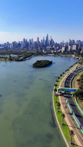 Vertical aerial drone view of the skyscraper skyline of Melbourne central business district. Most populous city of the Australian state of Victoria.	
