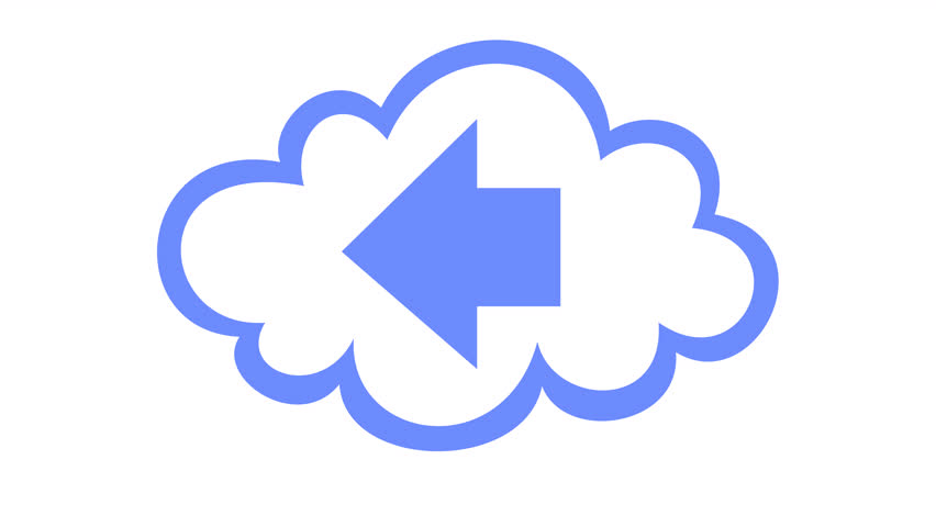 Cloud computing icon with left arrow for data import in a cartoon animation. Blue cloud storage outline symbol in the alpha channel for data retrieval and backup data server.