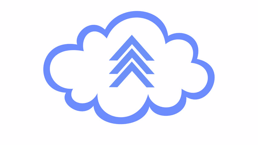 High-speed cloud upload icon with green and blue chevron arrows in a cartoon animation. Cloud computing outline symbol for fast data transfer and synchronization element concept.