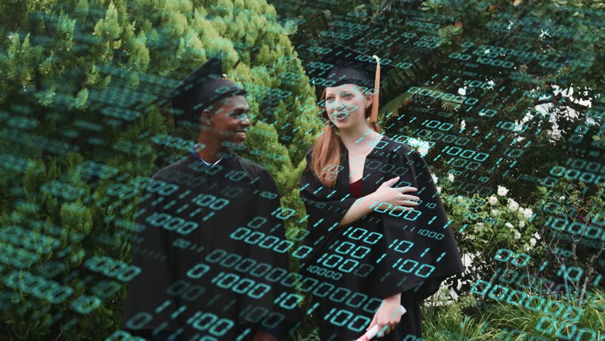 Left grad speaking, grads celebrating, holding diplomas, education binary overlay sweeping frame. Outdoors, campus, gown, cap, tassel, certificate, cyan