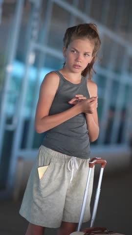 A teenage waits at the train station for her departure. A teenage girl with a suitcase waiting at a station or airport.