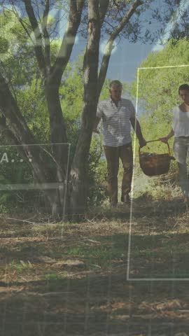 Vertical video: Man and woman walking for picnic, sharing basket, movement activating tech charts. Couple, outdoors, nature, park, hillside, shade, vertical video