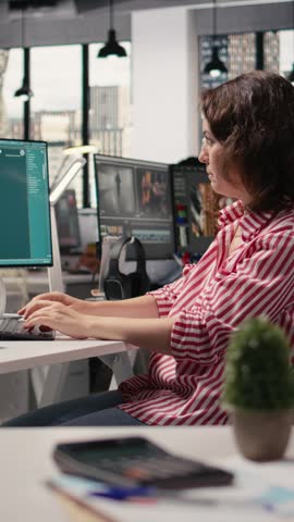 Vertical Video Office staff using large language on AI virtual assistant software, working with autonomous generative models for problem solving and tasks optimization. AI agent machine learning.