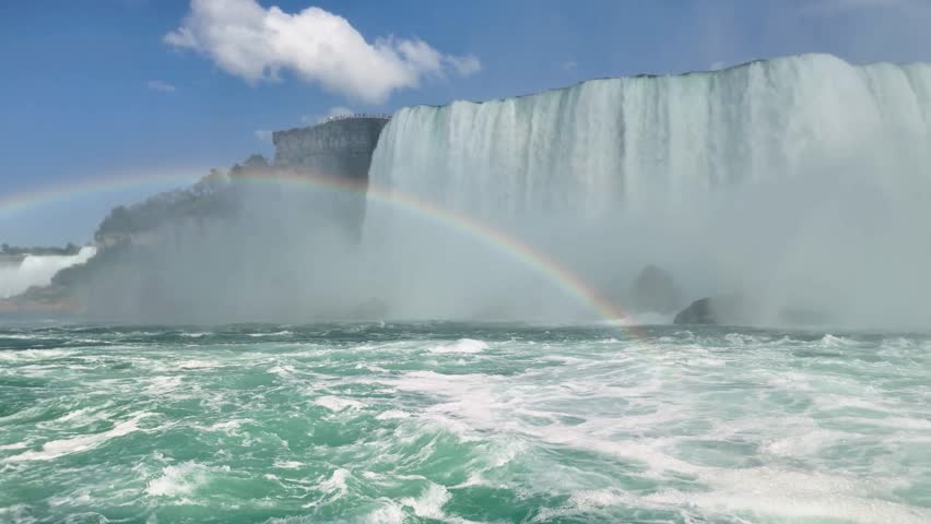 View of rainbow over Niagara Falls from Niagara River
