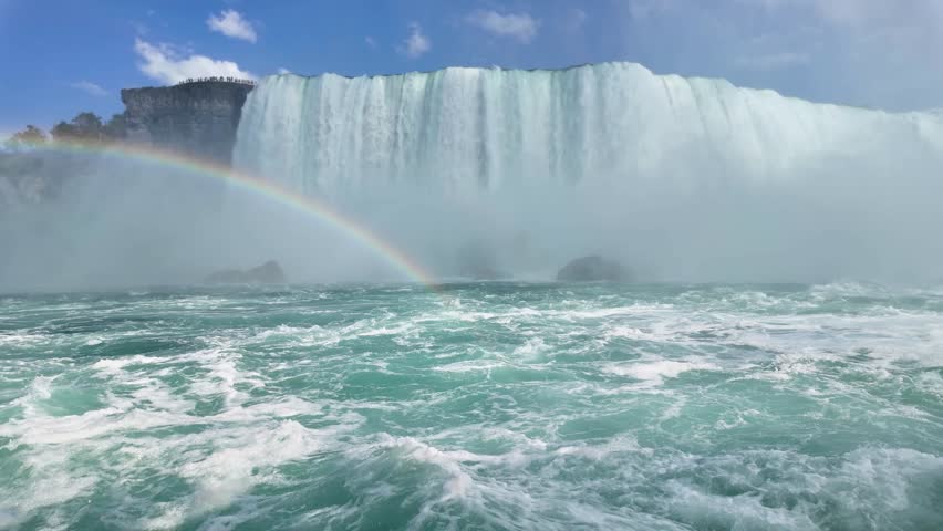 View of rainbow over Niagara Falls from Niagara River