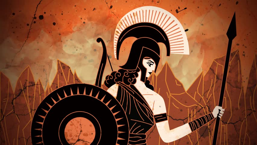 amazon warrior running with shield and spear across battlefield in ancient greek orange vase style