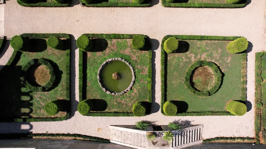 Elegant landscape with fountain features. Stylish estate garden highlighting precise geometry and water features