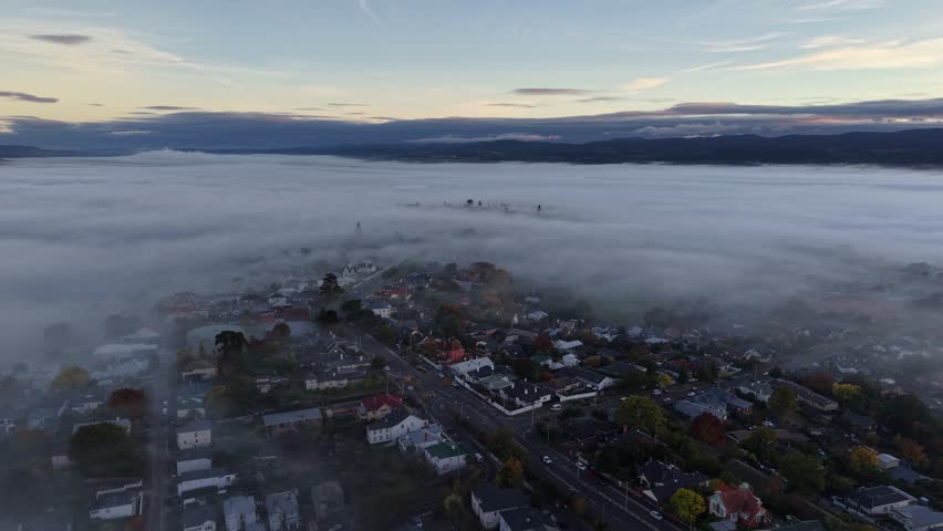 Fog Sunrise over Launceston, Tasmania, Australia Aerial Drone 4K
