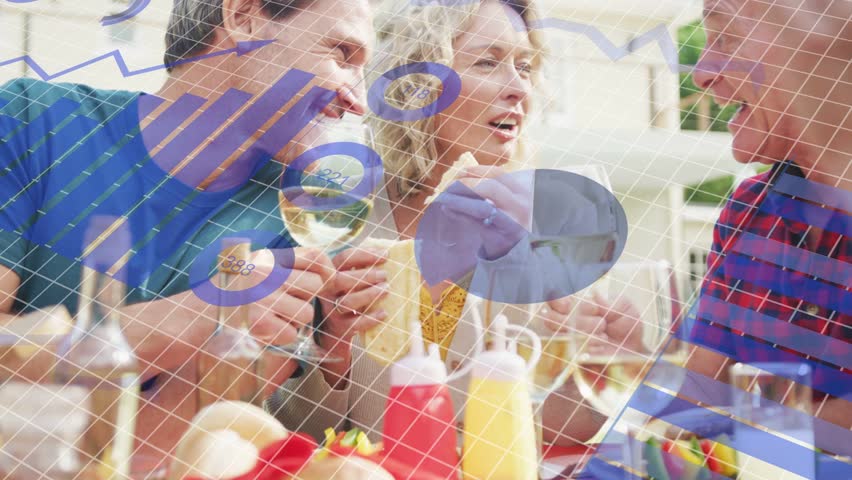 Three diners sitting outdoors, blue charts sliding, revealing plates, glasses, highlighting food. Trio, patio, al fresco, dataviz, overlays, animation, casual