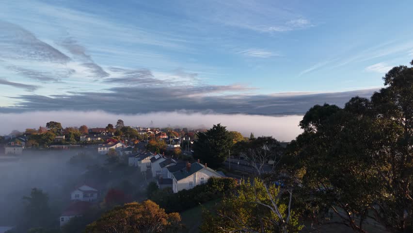 Fog Sunrise over Launceston, Tasmania, Australia Aerial Drone 4K