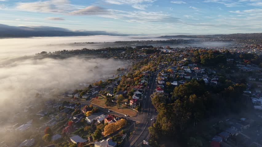 Fog Sunrise over Launceston, Tasmania, Australia Aerial Drone 4K
