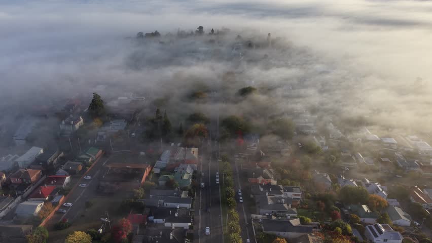 Fog Sunrise over Launceston, Tasmania, Australia Aerial Drone 4K