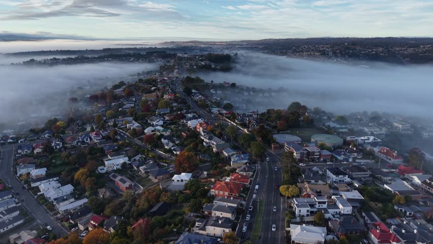 Fog Sunrise over Launceston, Tasmania, Australia Aerial Drone 4K