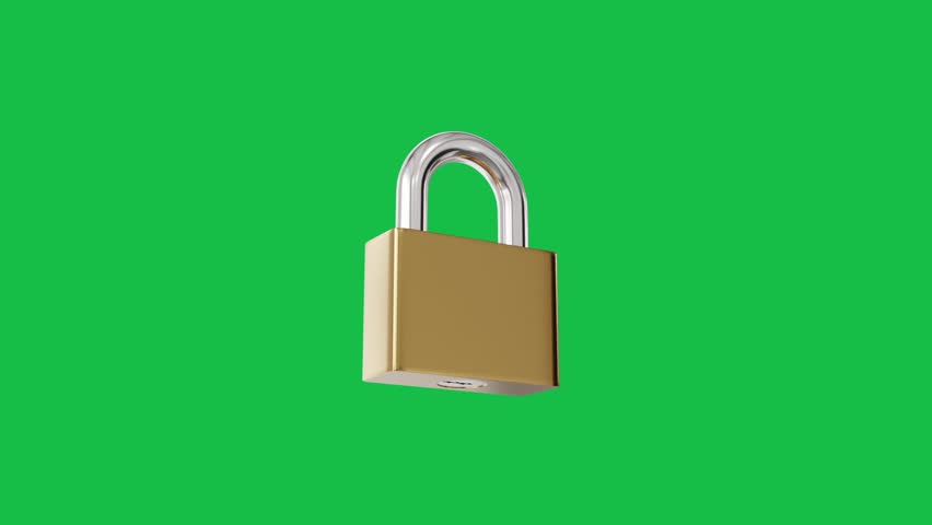 Gold key insert to keyhole to unlock padlock on green screen background