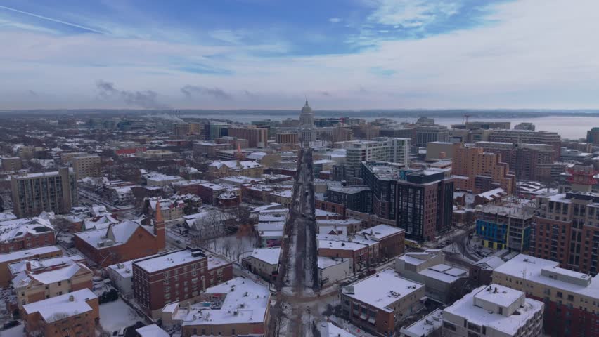 Downtown Madison State Street in Snow, Wisconsin Capitol in Background, 4K UHD