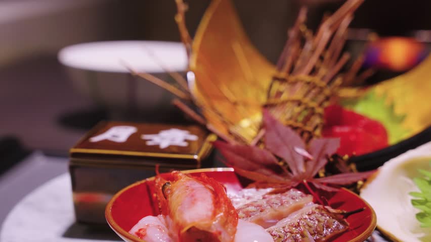 Japanese Kaiseki Meal, Sea Bream Sashimi and Autumn Setting