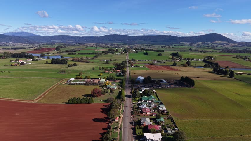 Tasman Highway and Scottsdale Township, Scottsdale, Tasmania Aerial Drone 4K