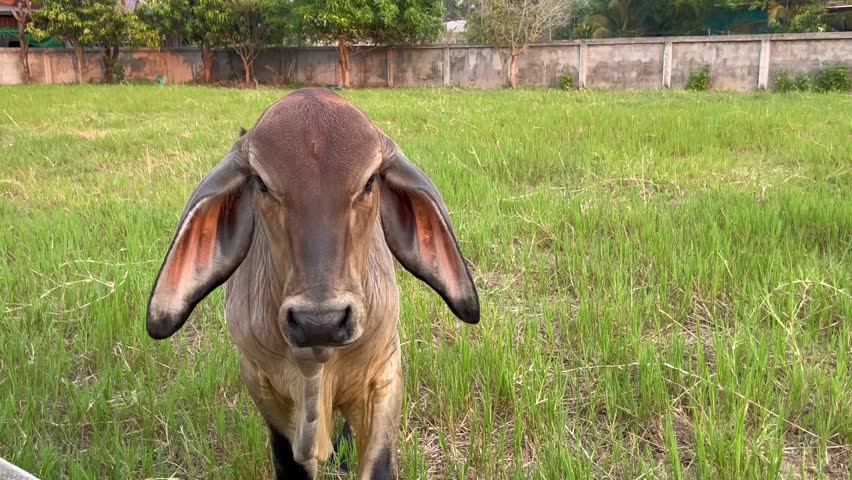 Cute baby cow walking toward camera with curious playful behavior on farm pasture