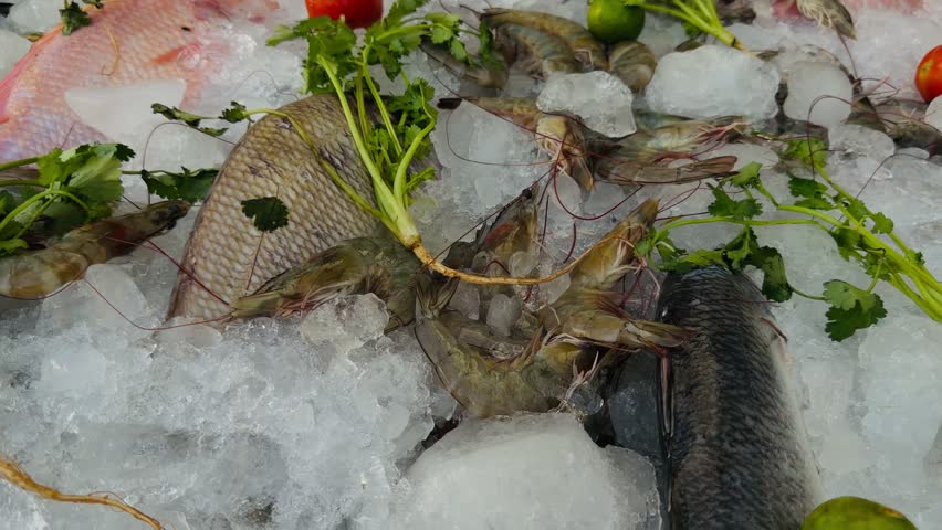 Fresh raw prawns and whole fish displayed on crushed ice with green herbs at a tropical seafood market. Concept of healthy organic nutrition, gourmet ingredients, and authentic Asian cuisine.