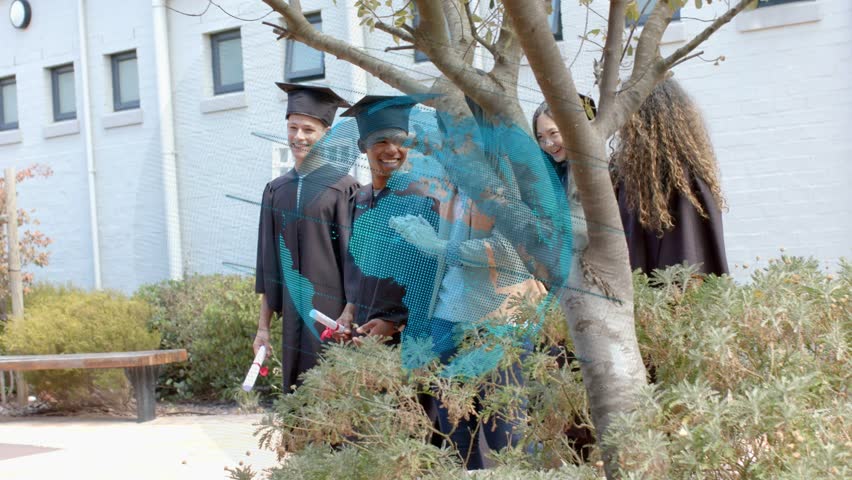 Companion approaching, graduates walking and arranging for graduation photos, diplomas and caps. Campus, courtyard, gowns, mortarboard, diploma, classmates, outdoor