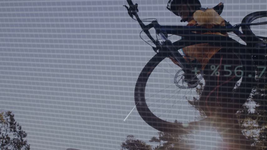 Cyclist carrying MTB walking woods starting HUD tech logging, analyzing wheel waveform for metrics. Rider, bike, forest, trail, outdoors, helmet, backpack