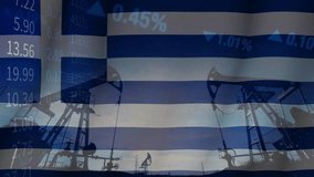 The close relationship between resource extraction and price fluctuations in the Greek oil market within a complex geopolitical context. Illustrated with the Greece flag, oil pumps, and business data. - Powered by Shutterstock - Get 15% off with code: PIKWIZARD15