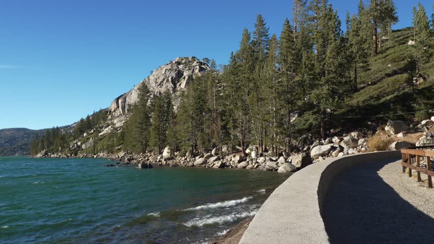 Lakeside Trail with Granite Mountains and Forest in Sierra Landscape. Lower Echo Lake