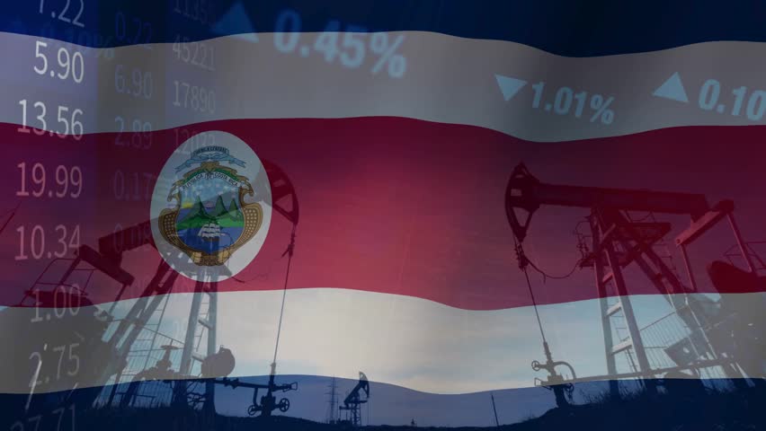 The close relationship between resource extraction and price fluctuations in the Costa Rican oil market within a complex geopolitical context. Illustrated with the Costa Rica flag, oil pumps, and business data.