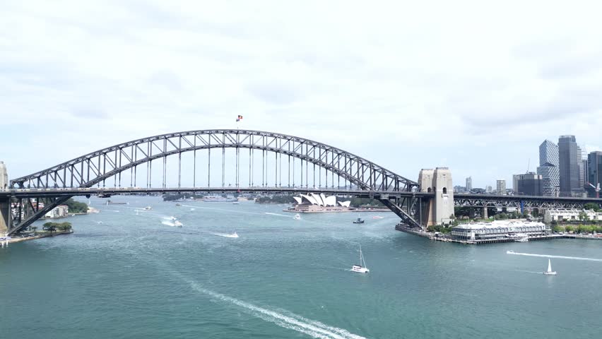 Sydeny, Australia, 01 01 2023: Scenic Aerial View of Sydney Harbour Bridge and Waterfront