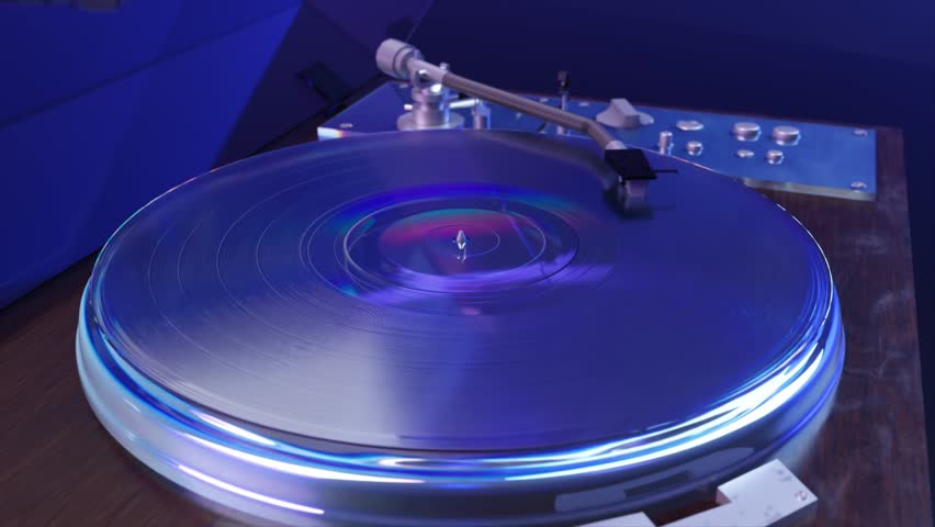 Modern turntable playing a shiny vinyl record with the stylus moving across the grooves. The player is illuminated by a cool, blue light, highlighting the reflective surface of the. 3D Illustration