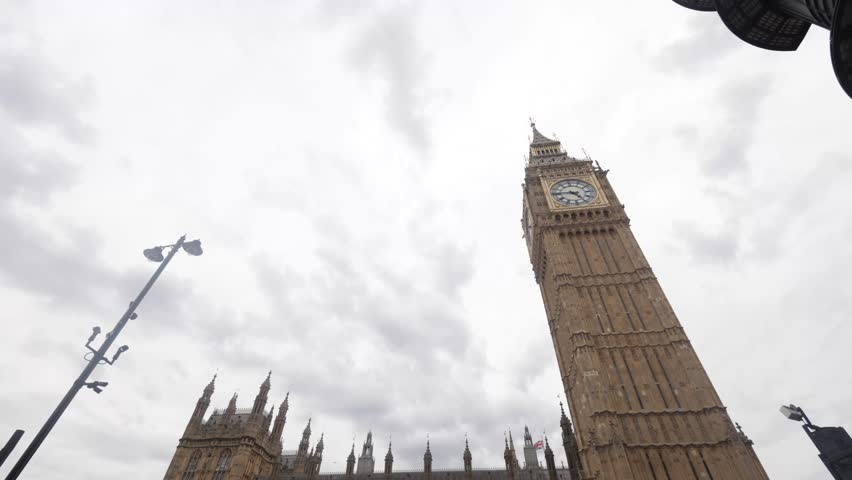 Iconic big ben clock tower and the palace of westminster, a historic landmark and famous tourist destination in london, england, viewed from a low angle on a cloudy, overcast day