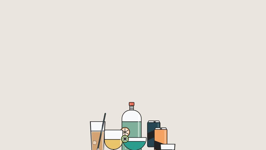 A clean flat vector illustration featuring an assortment of alcoholic and nonalcoholic drinks including cocktails a liquor bottle soda cans and iced beverages Perfect for restaurant menus nightlife promotions and hospitality branding