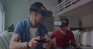 Child adjusting VR headset, father moving gamepad, creating animated network linking pads for play. Gaming, controller, bonding, family, livingroom, immersive, multiplayer - Powered by Shutterstock - Get 15% off with code: PIKWIZARD15