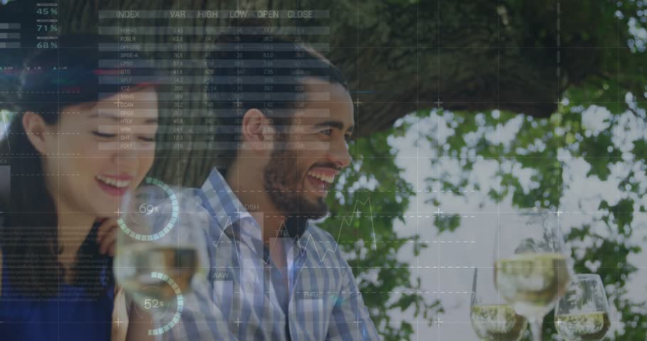 Guests holding wine while server approaching taking order from menus, HUD over restaurant table. Outdoor, patio, alfresco, data, infographic, dining, glassware