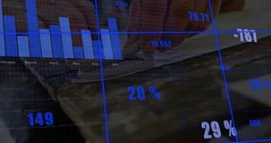 Analyst hands resting near tablet initiating HUD overlaying tapping updating % for business metrics. Closeup, desk, dashboard, data, analytics, charts, grid - Powered by Shutterstock - Get 15% off with code: PIKWIZARD15