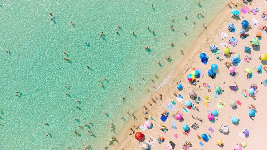 Top down aerial drone view of a crowded beach with colorful umbrellas and people relaxing. Turquoise crystal clear sea water and white sand during a bright sunny summer vacation.