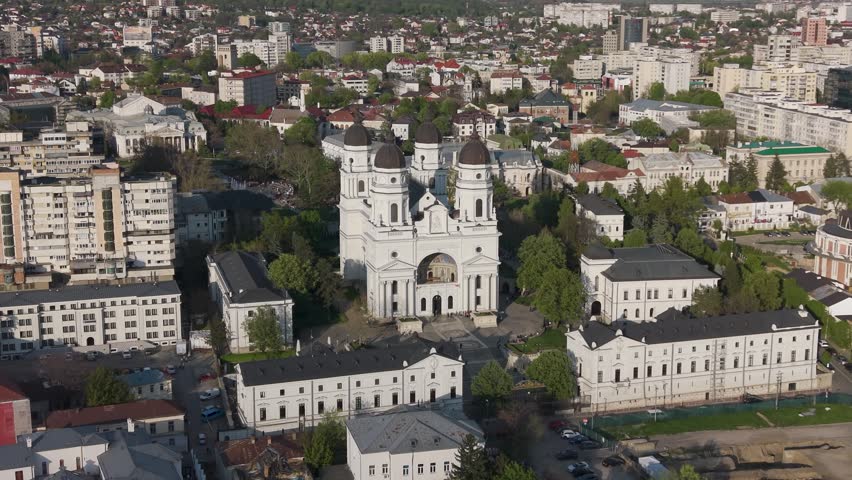 Aerial shots of the Mitropolitan Cathedral in Iasi, Romania, showcasing architectural beauty