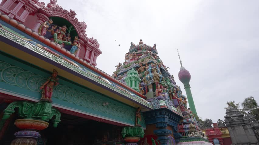 Front view of the Sri Kailawasanathan Swami Devasthanam Kovil Hindu temple in Colombo, Sri Lanka, highlighting its ornate facade and intricate architectural details