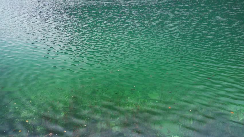 A view of Long Lake (Chang Hai), the highest and largest lake in Jiuzhaigou National Park. The shot features deep turquoise waters and a rocky foreground, looking down massive V-shaped glacial valley.