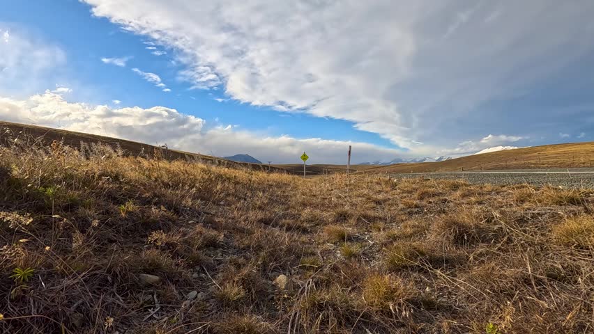 Dry grass blowing, dramatic sky, distant mountains, road.