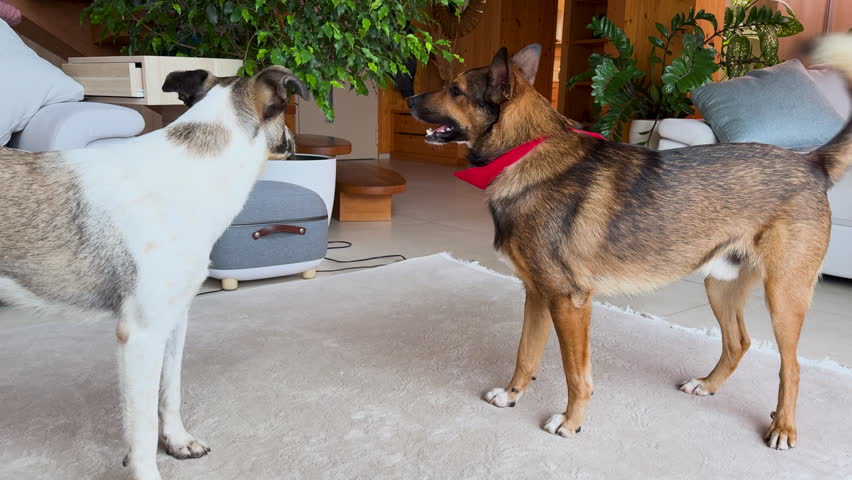 Two mixed breed dogs wrestle playfully on a soft living room carpet in a cozy home. Lively interaction, friendly mouthing and energetic bond between adopted canine friends in a warm domestic setting.