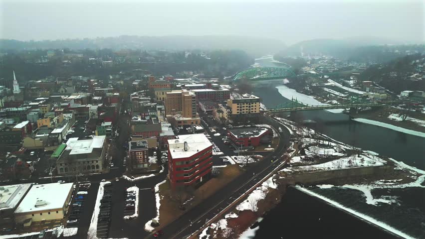 Aerial view of downtown Easton Pennsylvania with winter rooftops