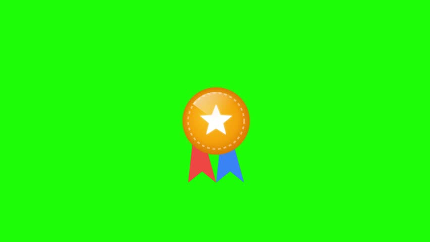 Award medal with red and blue ribbons against a green screen background, symbolizing achievement and recognition