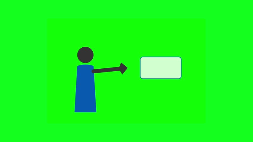 A simple and clean cartoon illustration featuring a stick figure character in a blue outfit pointing towards a blank rectangular sign. The figure has a black circle for the head and is set against a solid green background, ideal for presentations, educational materials, or design projects needing direction or placeholder emphasis.
