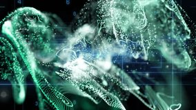Blue band appearing, central cloud forming and sending stream while teal ribbons drifting for tech. Particles, pointcloud, grid, circuitry, glow, abstract, futuristic - Powered by Shutterstock - Get 15% off with code: PIKWIZARD15