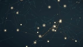 Hexagonal nodes activating on data input, pulsing as golden links and dots visualizing tech network. Polygon, cluster, glow, mesh, neon, grid, abstract - Powered by Shutterstock - Get 15% off with code: PIKWIZARD15