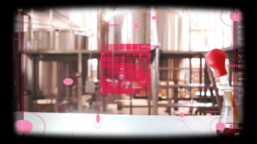 Pipette bulb tilting, camera shifting, HUD pulsing, highlighting tall cylinder for brewery analysis. Glassware, flask, beaker, amber, countertop, hud, grid
