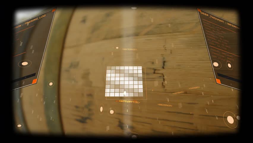 Camera panning closer, barrel showing AR grid shifting cells and expanding ring for brewery QA. Cask, oak, hoops, woodgrain, industrial, tanks, ladder