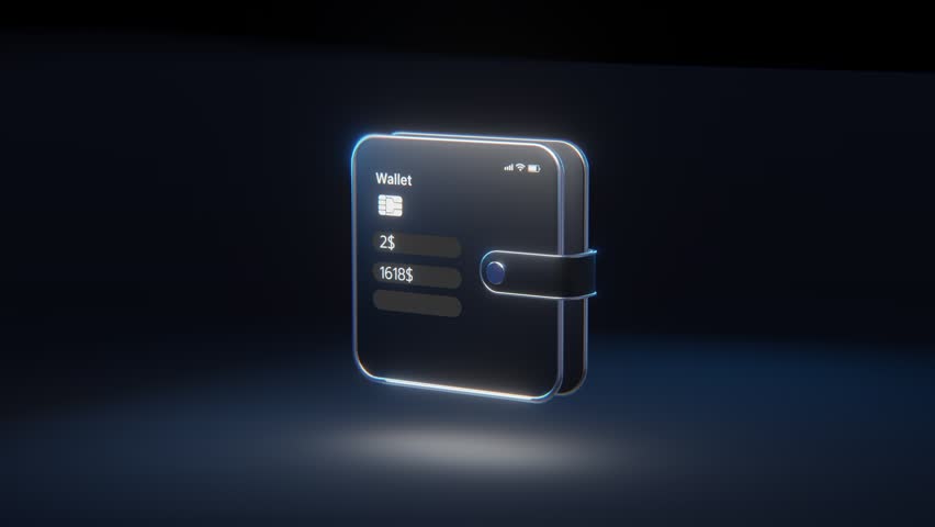 3D digital wallet app on smartphone with glowing blockchain cubes, credit card, and balance display on dark background. Ideal for fintech, mobile payment, and cryptocurrency concepts.